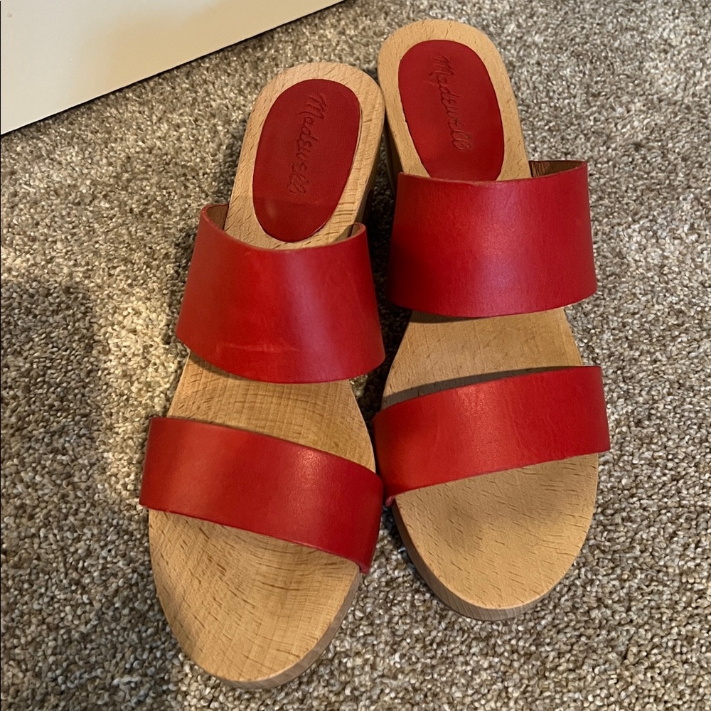 Madewell Red Leather Two-Band Wood-Heel Mules, 9.5